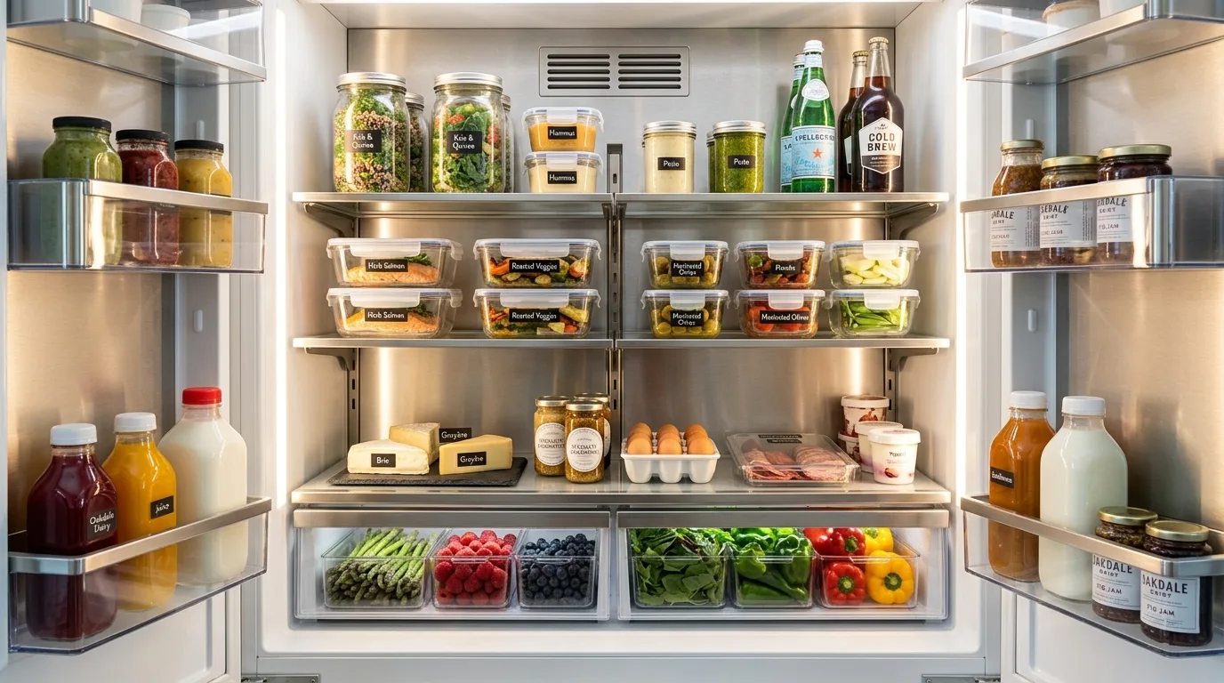 Use clear containers where they truly help inspiration for an organized fridge.